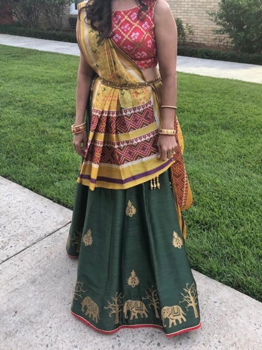 Traditional Green and Yellow Printed Lehenga Skirt - Women